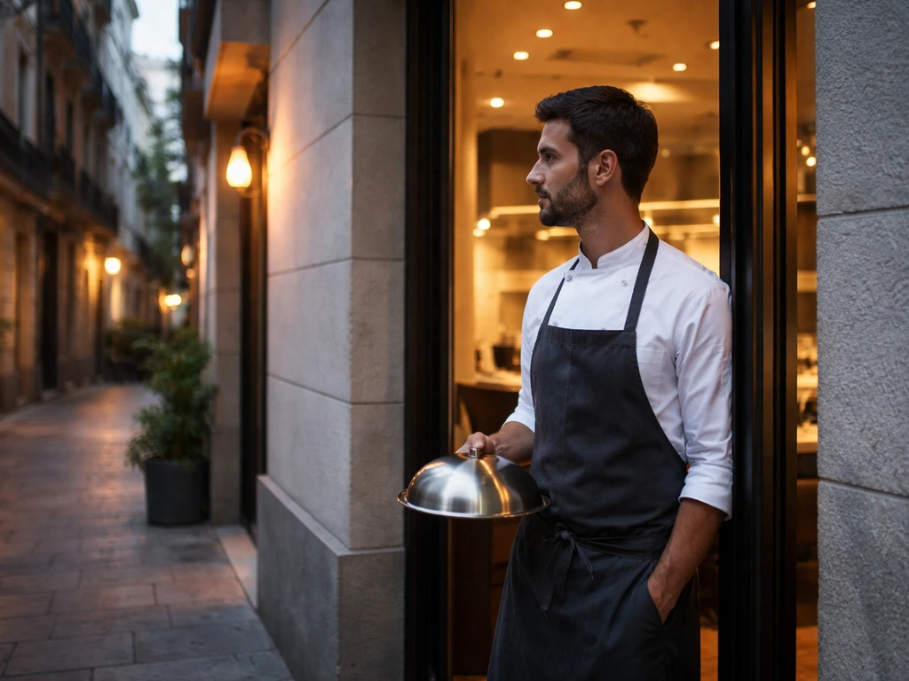 Anonymous Spanish chef in white jacket holding a cloche by a fine-dining restaurant entrance in Madrid.