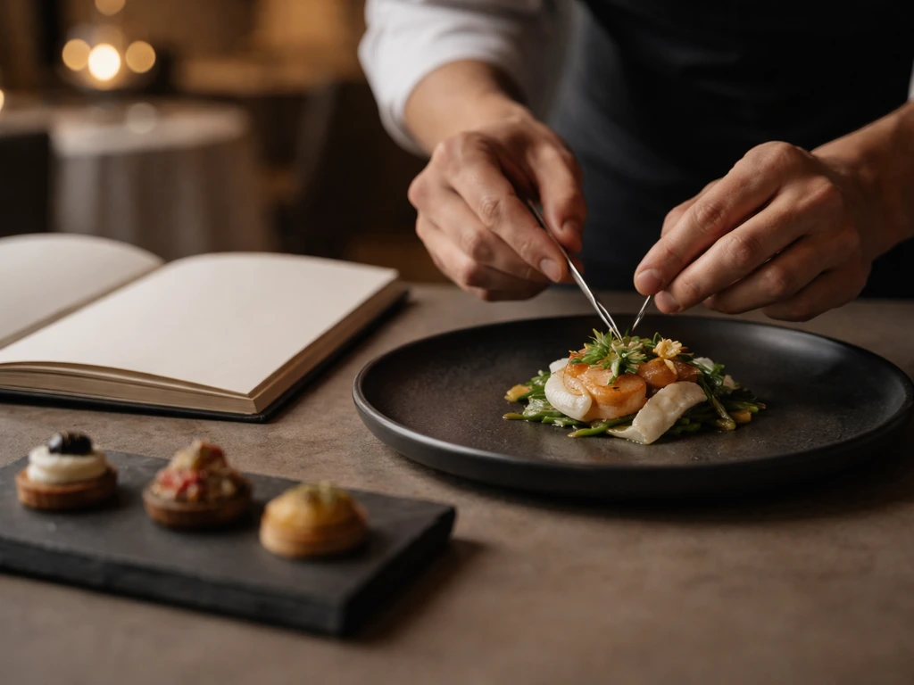 Chef’s hands plating an elegant tasting course in a quiet fine-dining setting.