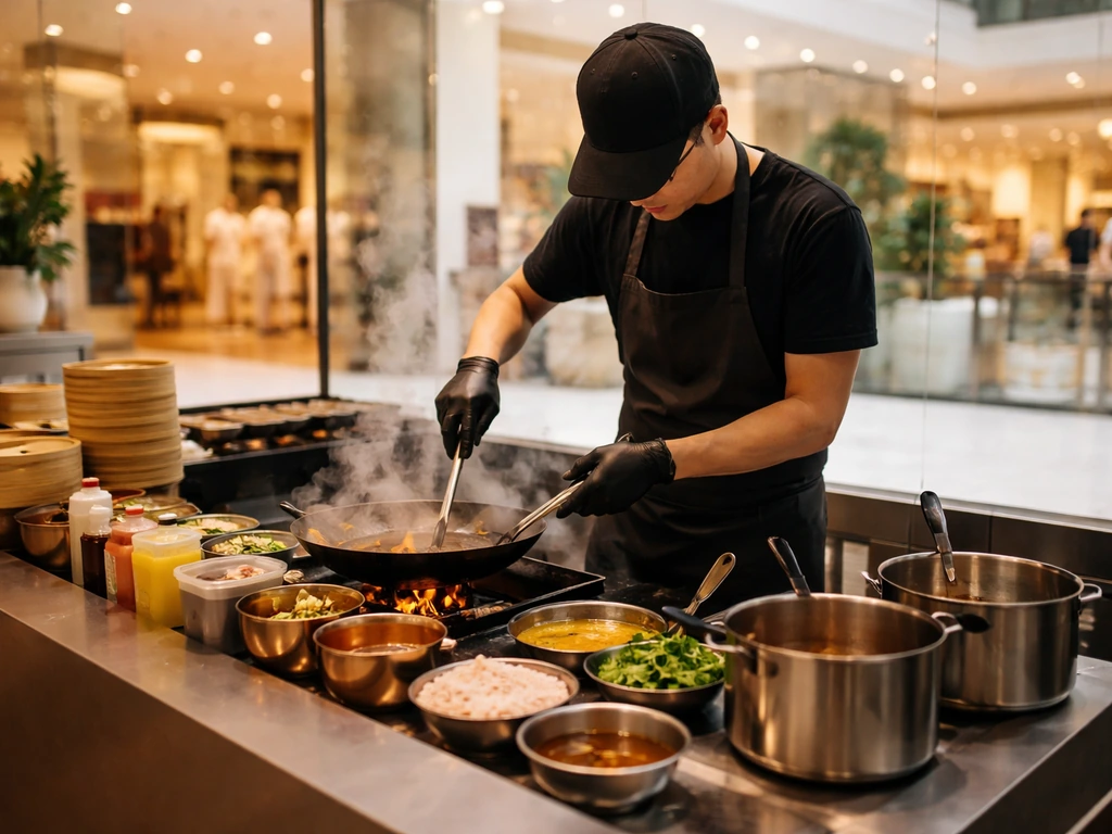 Street-food counter inside a department store with an anonymous chef preparing food.