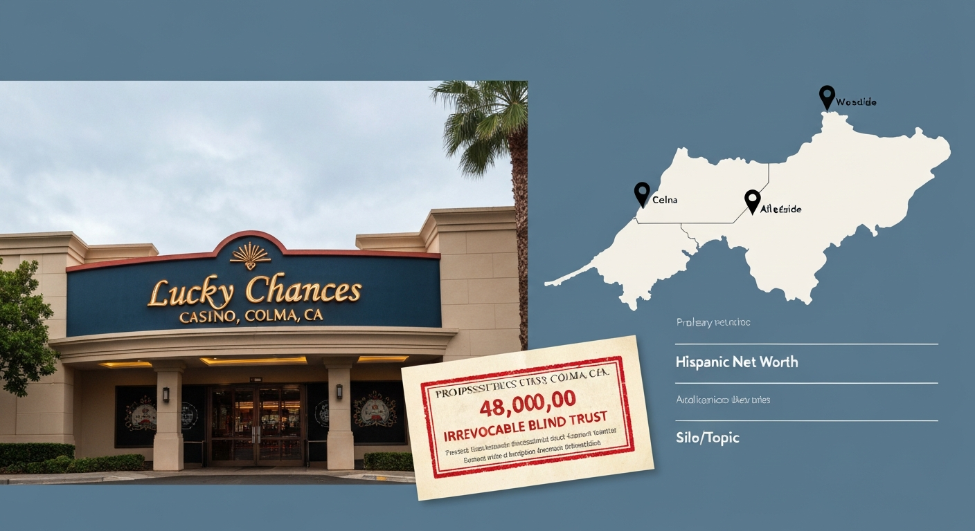 Illustration showing Lucky Chances Casino exterior, a $48,000,000 promissory note stamped 'Irrevocable Blind Trust,' and a faint Bay Area map highlighting Colma, Atherton, and Woodside.