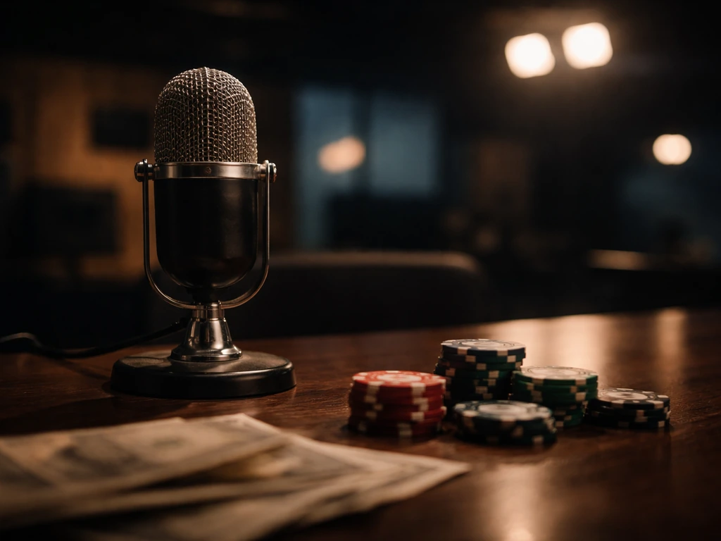 Moody TV studio desk with a vintage microphone and scattered cash-like props, symbolizing a TV host’s wealth