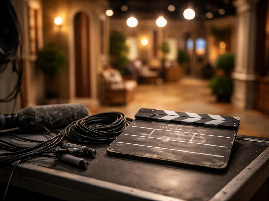 Minimal TV studio on-set scene with clapperboard, studio lights, and production gear, no people.