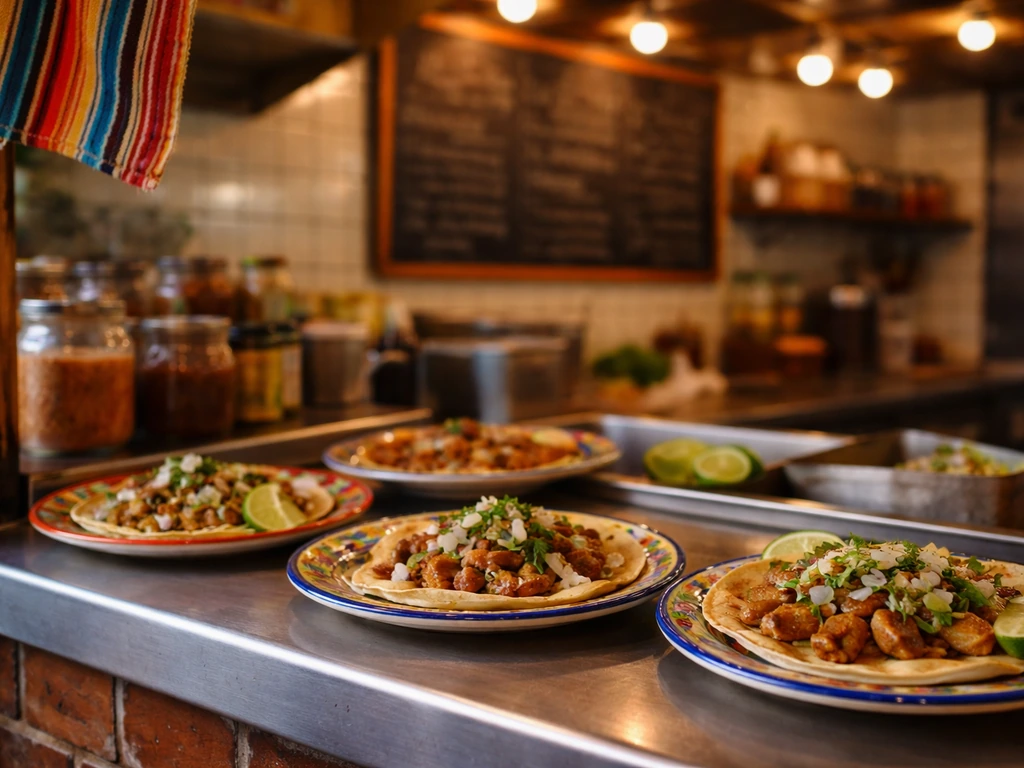 Close-up of a tacos restaurant counter with branded-style menu board and warm lighting