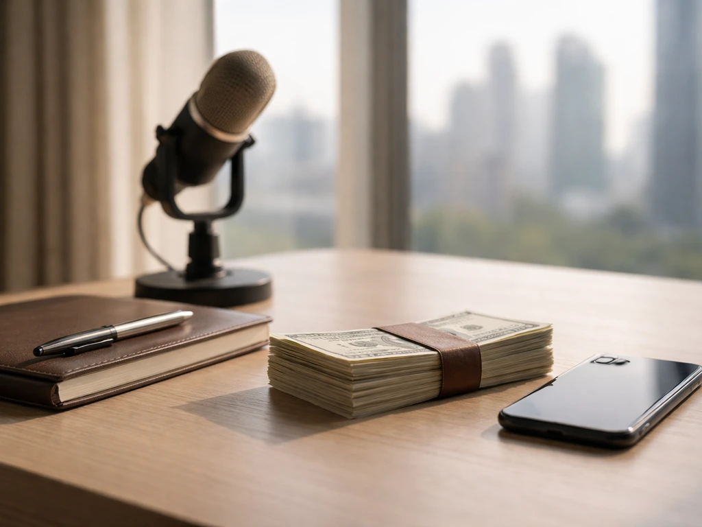 Minimal luxury desk with camera and scattered cash-like props, symbolizing comparison of actors’ wealth