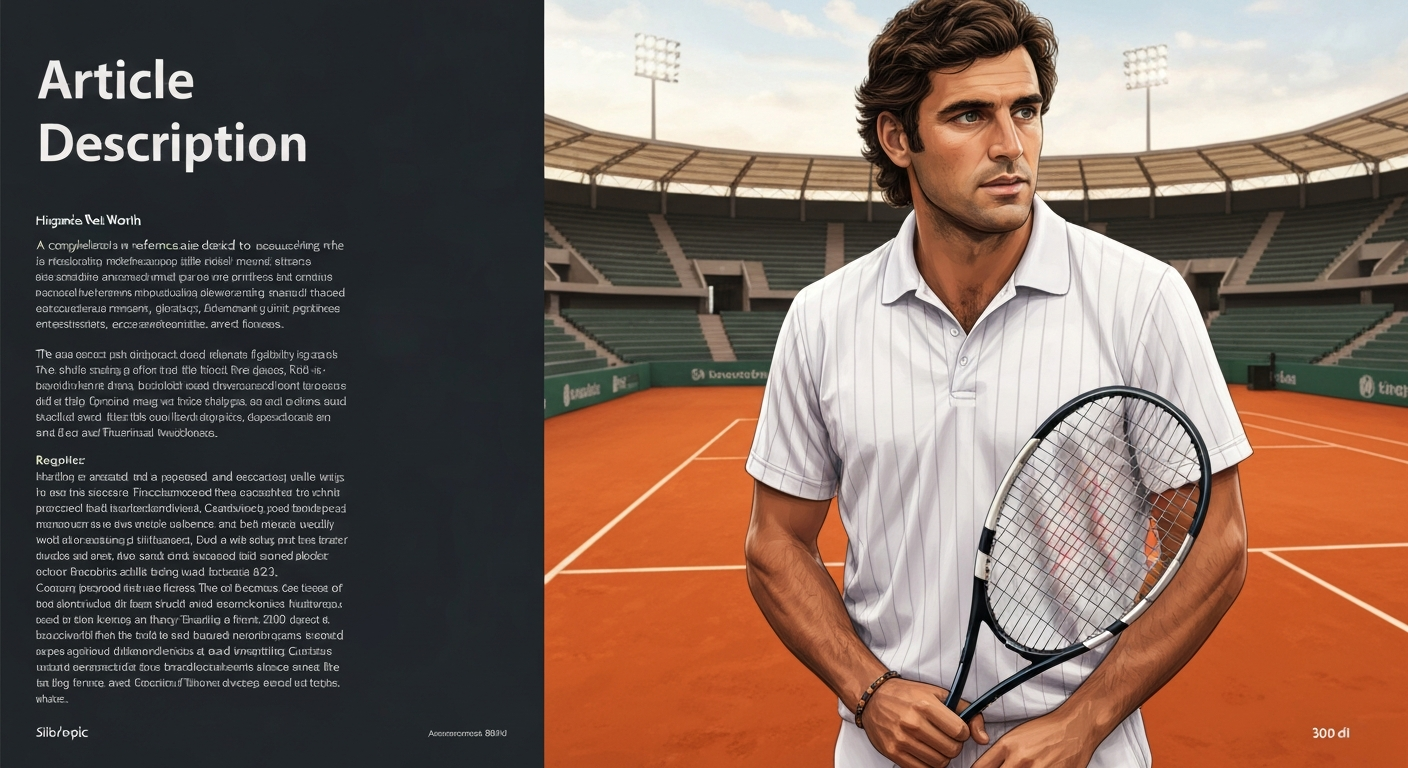 Editorial portrait illustration of Juan Mónaco on a clay court, holding a racquet, looking toward the camera; warm magazine-style lighting and stadium background.