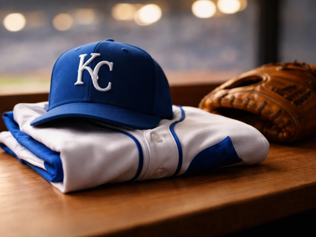 Kansas City Royals baseball cap and jersey on a clean desk under warm natural light