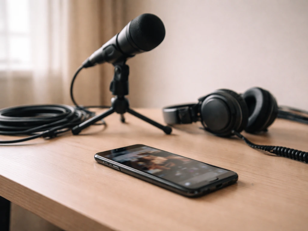 Minimal studio workspace with a smartphone showing a paused video frame and a music producer vibe