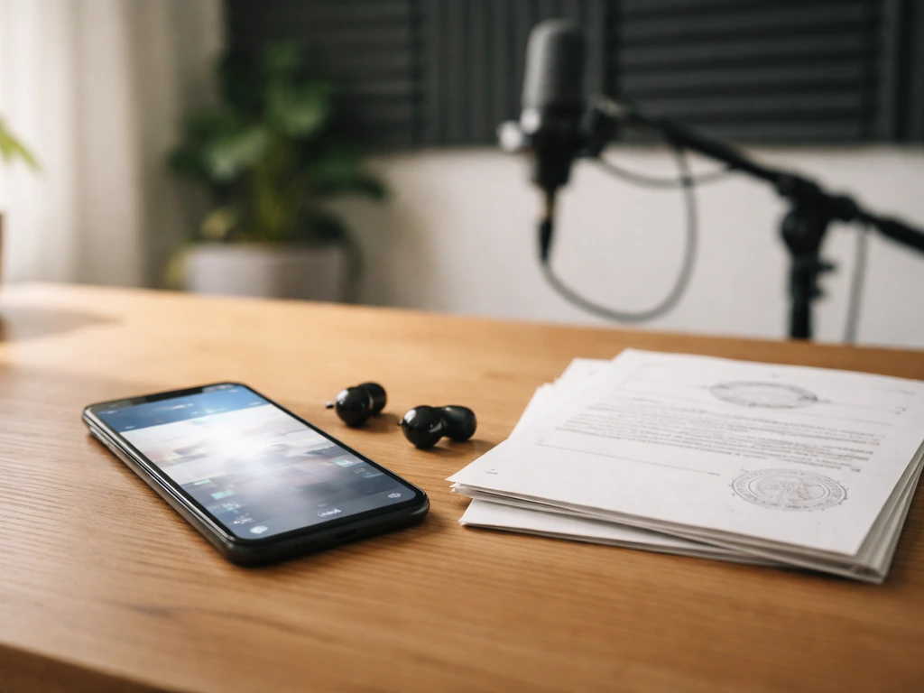 Minimal desk scene with a smartphone, earbuds, and scattered business documents suggesting creator monetization and busi