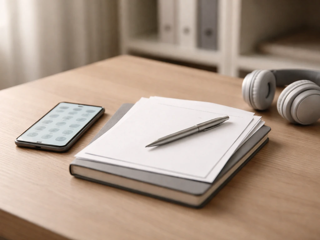 Minimal office desk scene with scattered documents and a smartphone showing muted social media icons, suggesting income