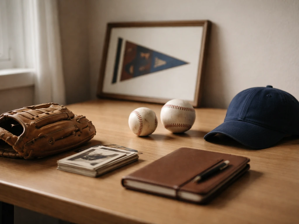 Baseball-themed desk scene with glove, vintage cards, and two baseballs suggesting a career progression.