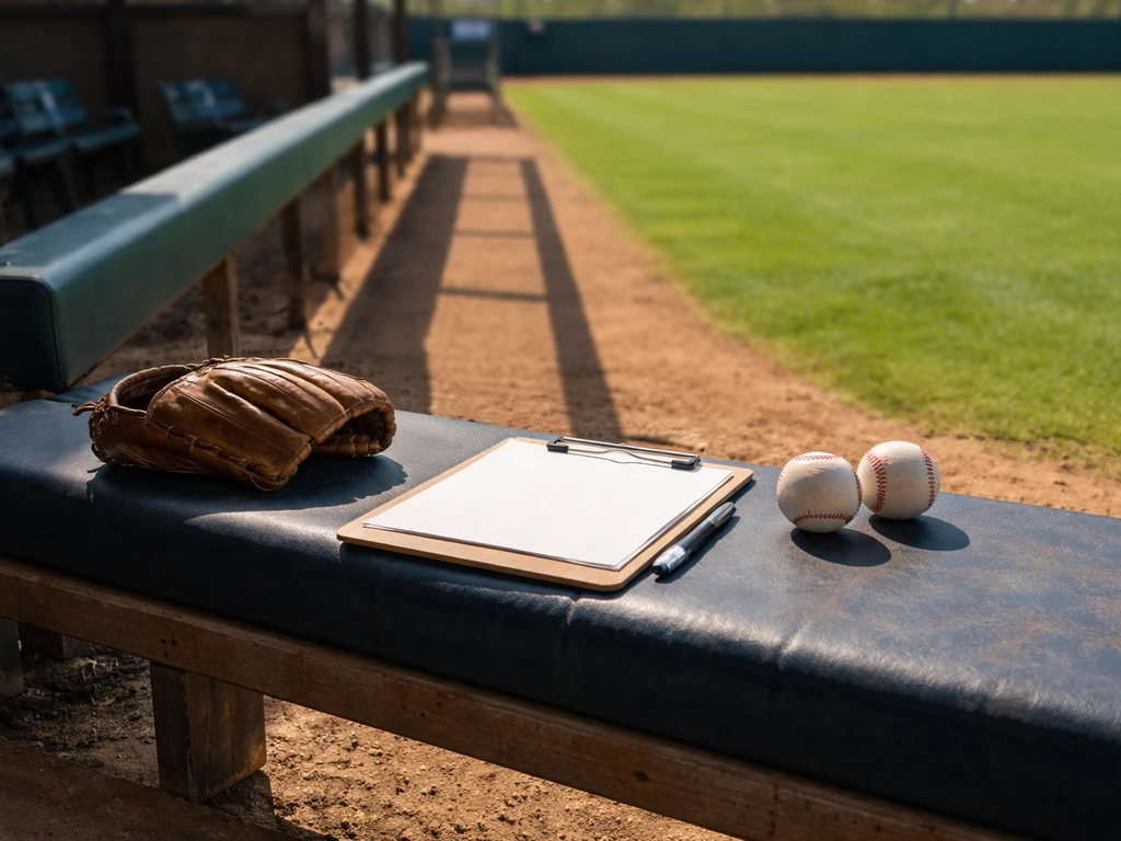 Baseball dugout coaching setup with a clipboard, glove, and lineup cards on the bench near the field.
