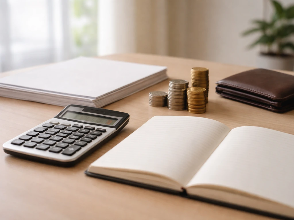 Minimal desk scene with calculator and scattered documents symbolizing assets minus liabilities