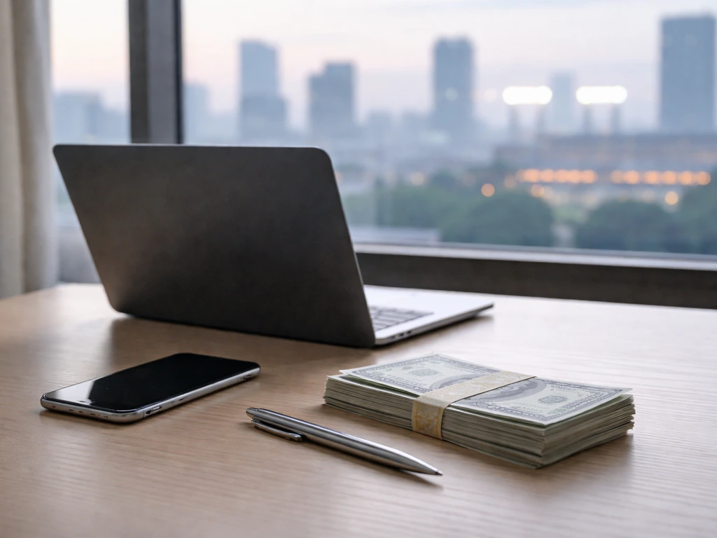 Minimal office desk with laptop, smartphone, and cash, symbolizing MLB manager salary analysis without charts or text.