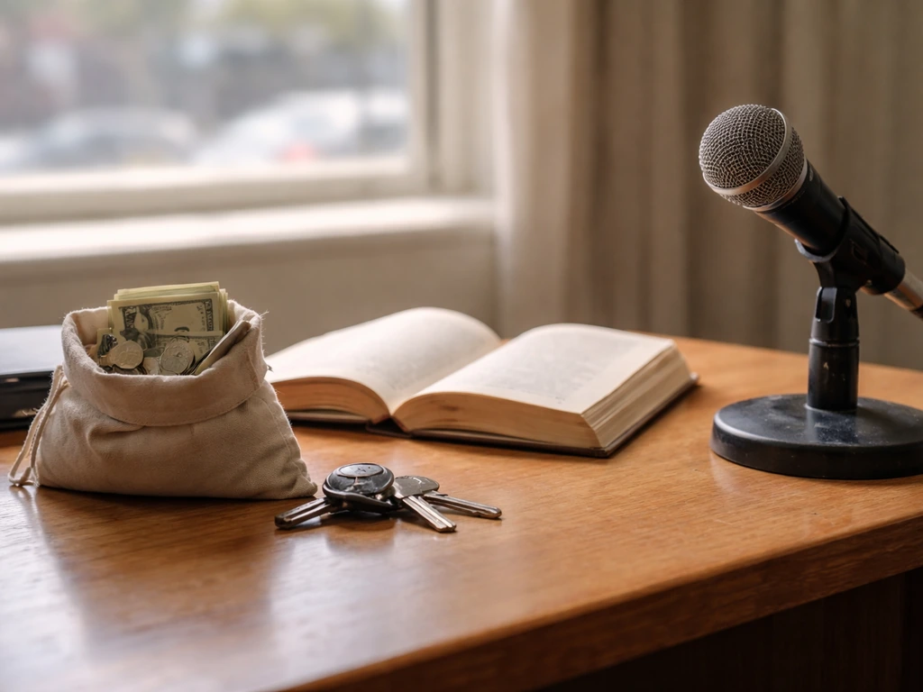Sunlit desk with a cloth pouch of cash, keys, and a microphone, symbolizing public focus on money.