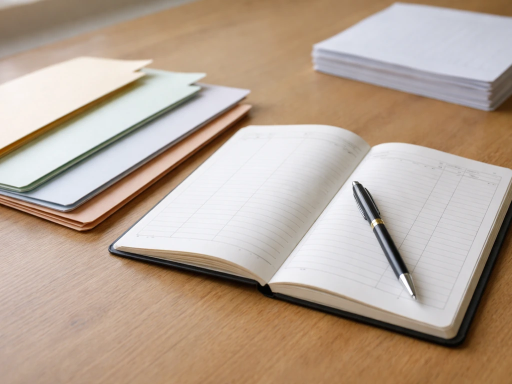 Minimal close-up of a ledger notebook open on a desk with dated folders, symbolizing sworn public record filings.
