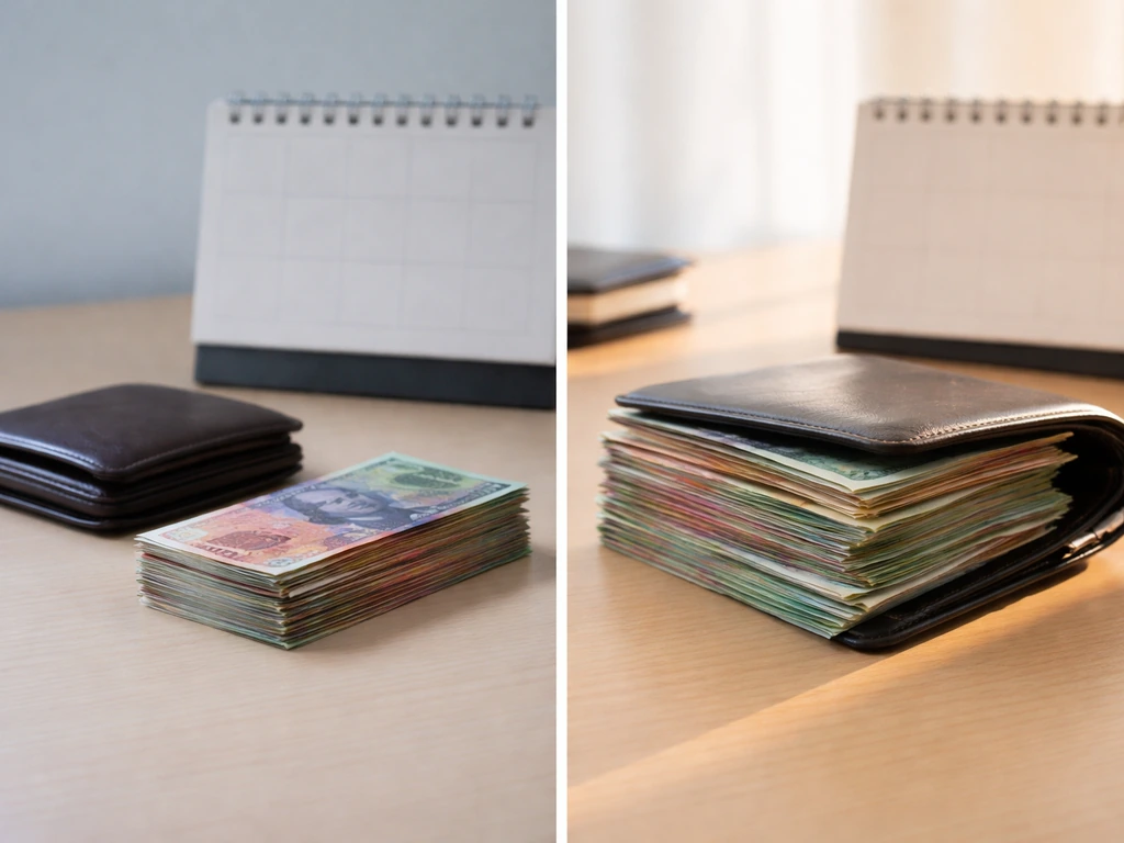Minimal split-scene showing a calendar marked 2012 to 2015 and money-themed objects, implying wealth change