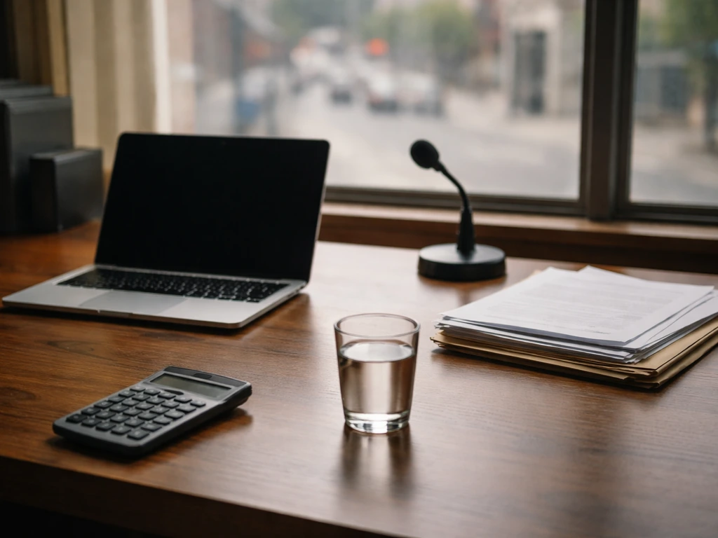 Minimal desk scene with a laptop, microphone, and scattered documents suggesting verified net-worth research.