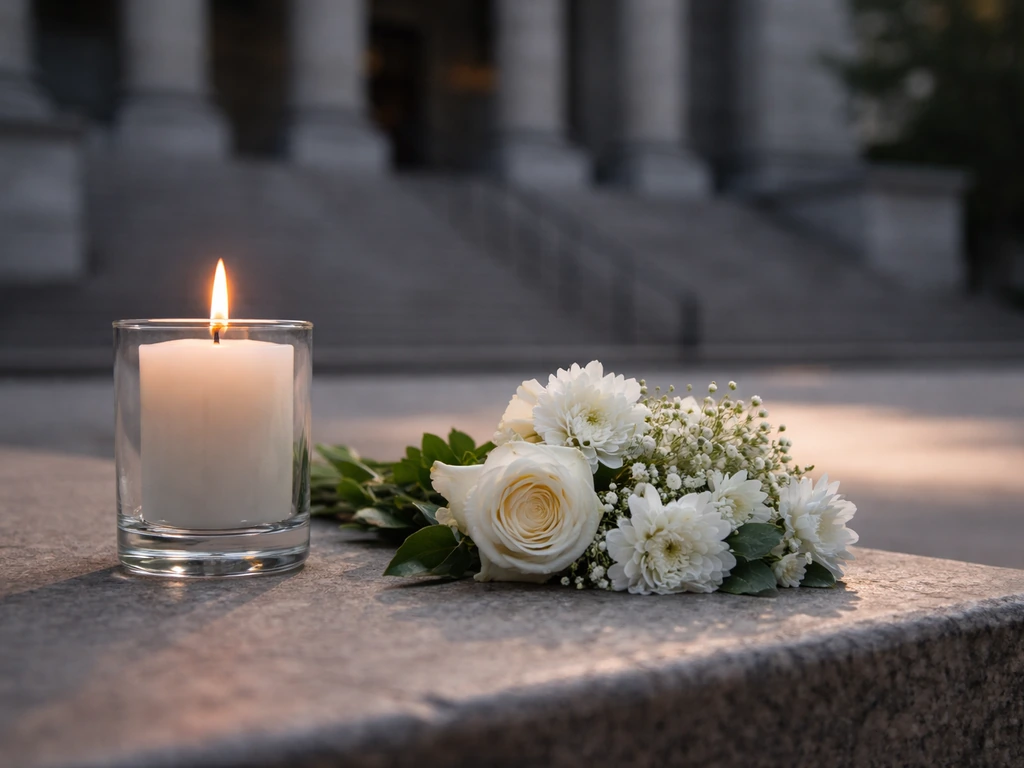 Unlit candle and white flowers beside a blurred courthouse, symbolizing a homicide victim memorial.