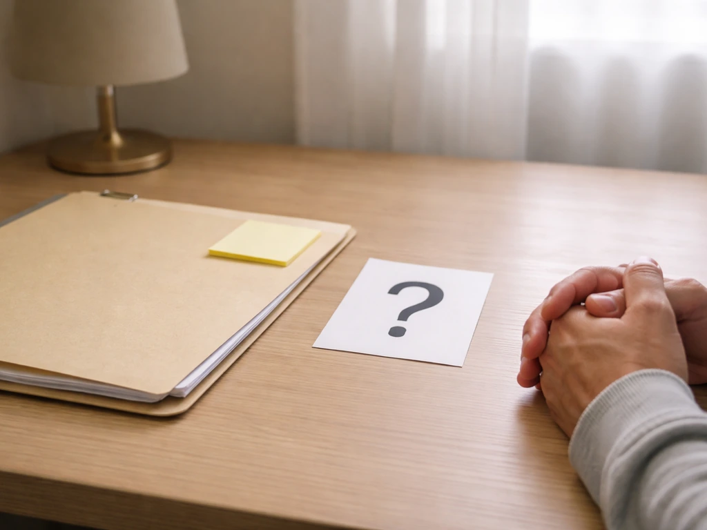 Minimal desk scene with a retirement paperwork folder, blank sticky note, and a question-mark card symbolizing unknowns.