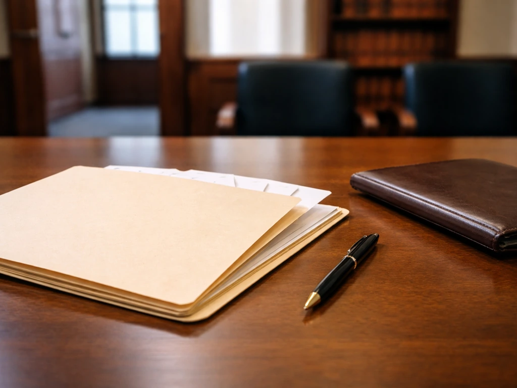 Minimal office scene with an anonymous courtroom file folder and a single pen, suggesting a legal case timeline.