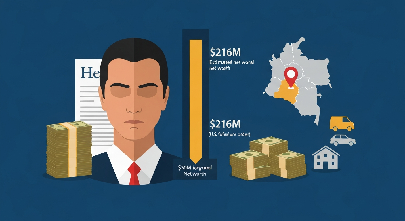 Illustrated infographic hero: a gauge showing an estimated net worth range $50M–$200M with a $216M forfeiture anchor, courthouse document, cash stacks, and a Colombia map spotlighting northwest regions.