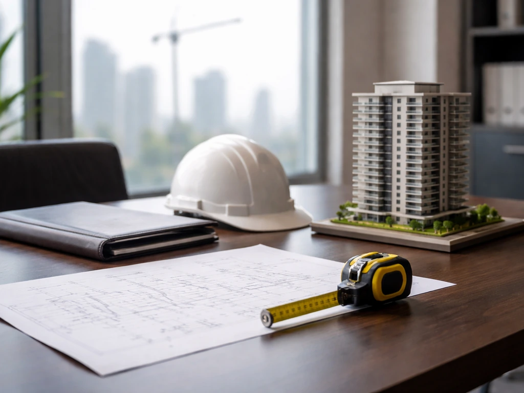 Minimal office scene with construction materials and a subtle wealth-business atmosphere, suggesting a real-estate execu