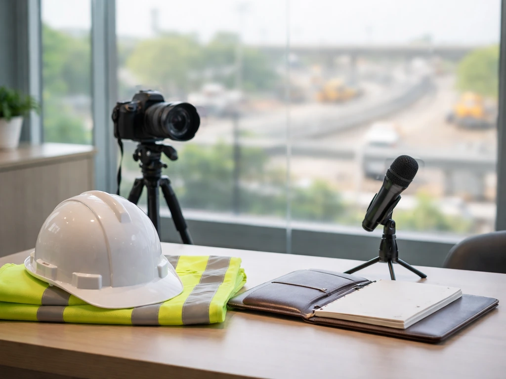Minimal office desk with road construction gear and a camera, symbolizing identifying the right PYCSA leader.