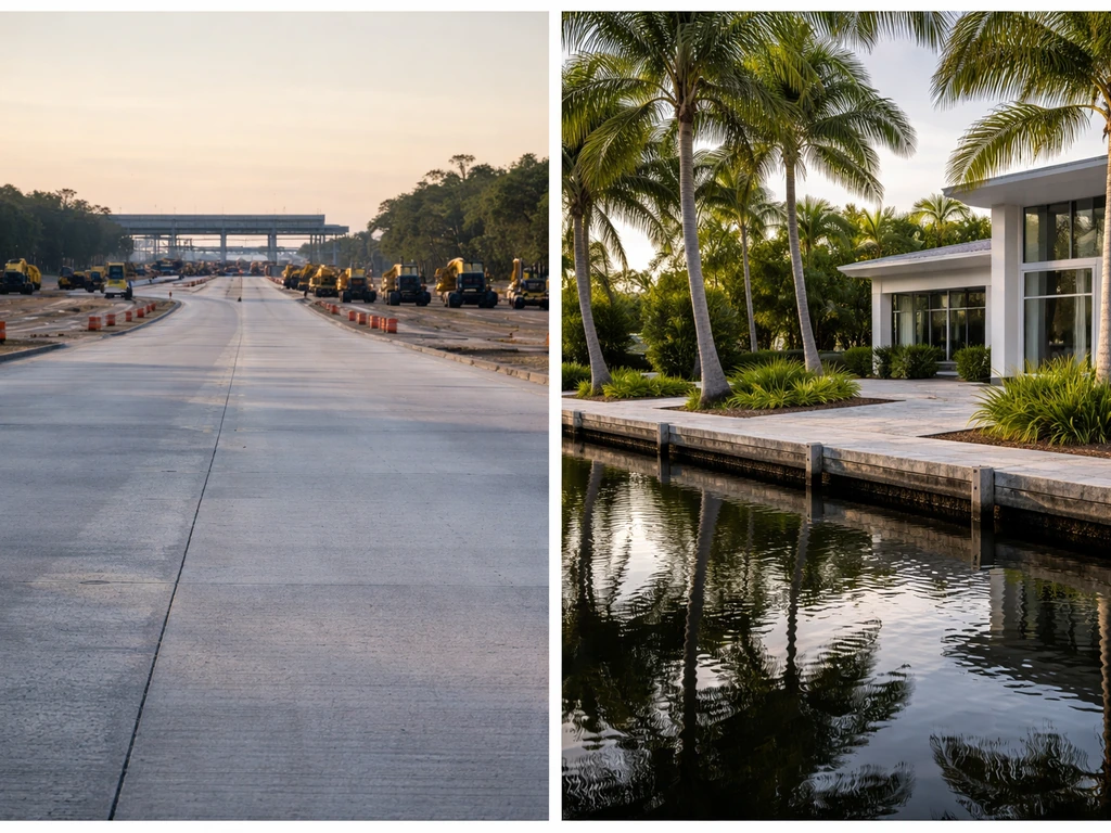 Minimal photo collage showing construction/toll infrastructure and Florida-style real-estate lifestyle cues