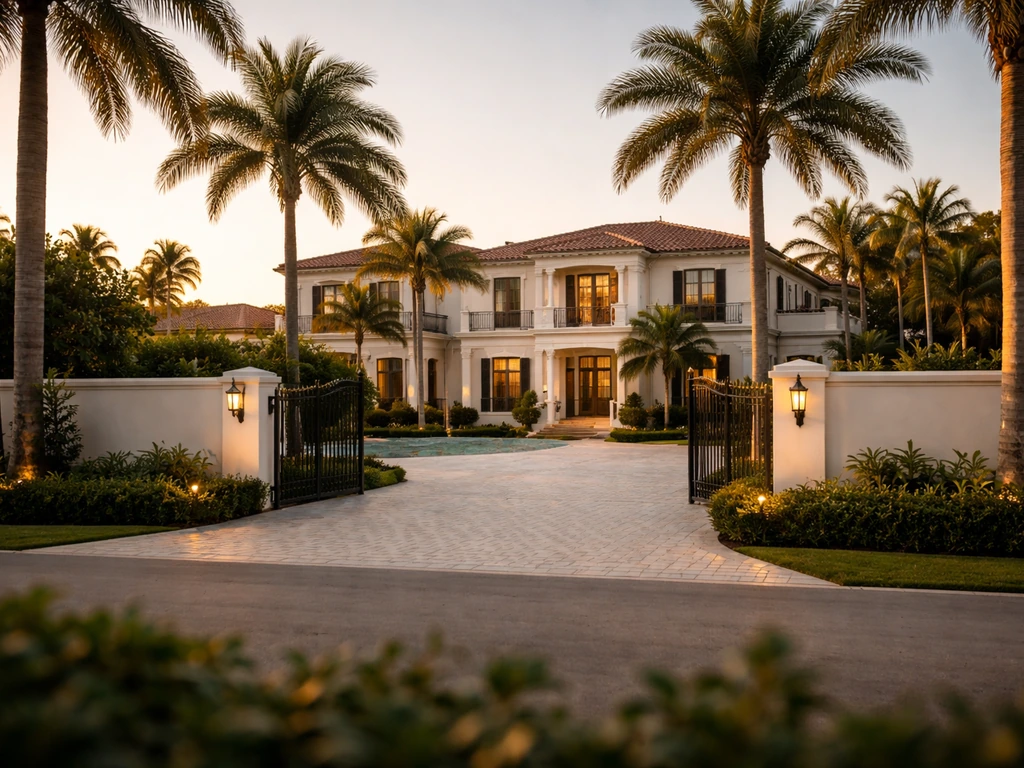 A luxury Palm Beach estate exterior with a $23M-style transaction atmosphere, no visible text.