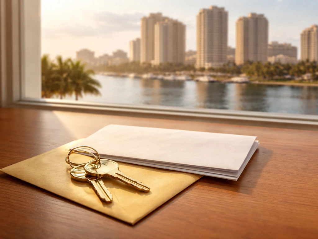 Minimal office desk with a sealed envelope and key beside a blurred city skyline, symbolizing a $23M property anchor.