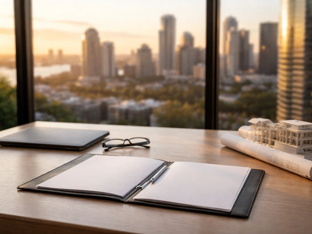 Sunlit luxury real-estate office desk with window view, documents and a closed laptop symbolizing a net-worth analysis.