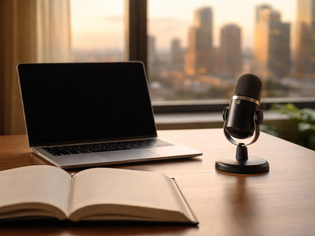 Candid business desk scene with a microphone and city skyline view, symbolizing Forbes-style financial reporting
