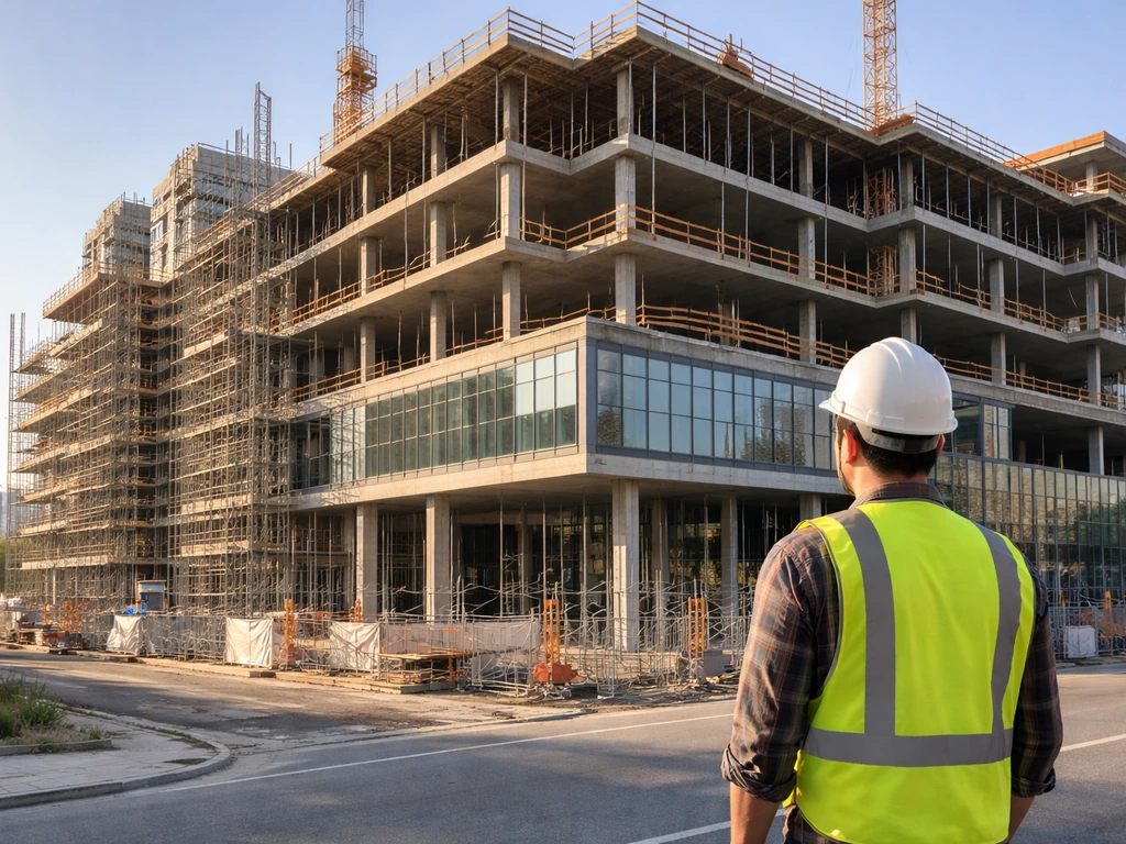 Under-construction mixed-use building with scaffolding and a distant worker, symbolizing real estate wealth sources