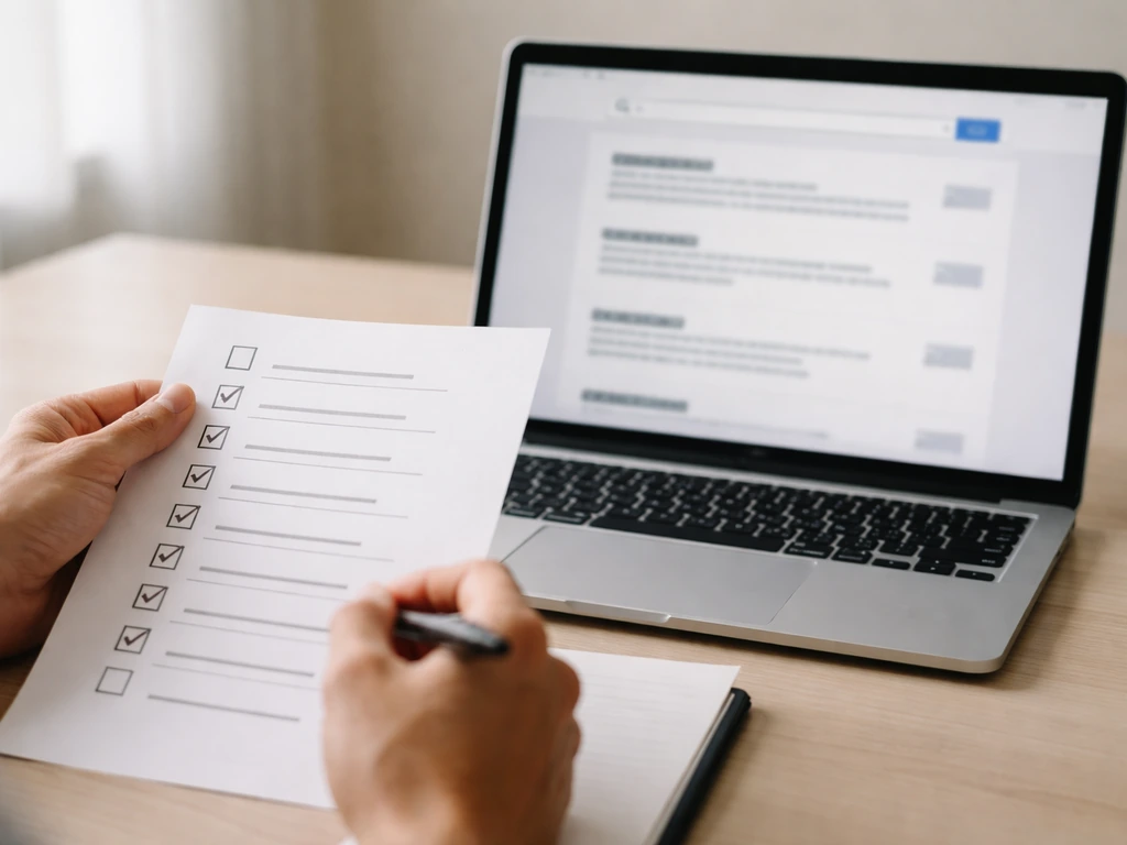 Close-up of hands reviewing a checklist beside a laptop showing a finance search page, no text visible.