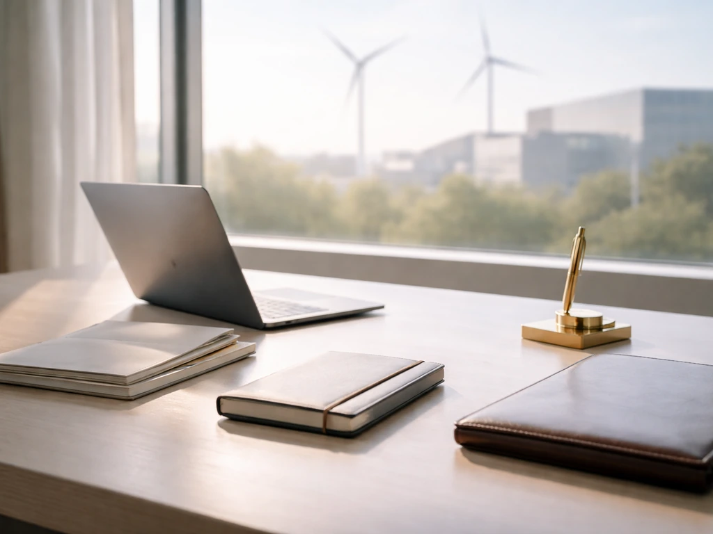 Clean-energy executive workspace with wind turbine view and energy-tech symbolism, representing net worth analysis