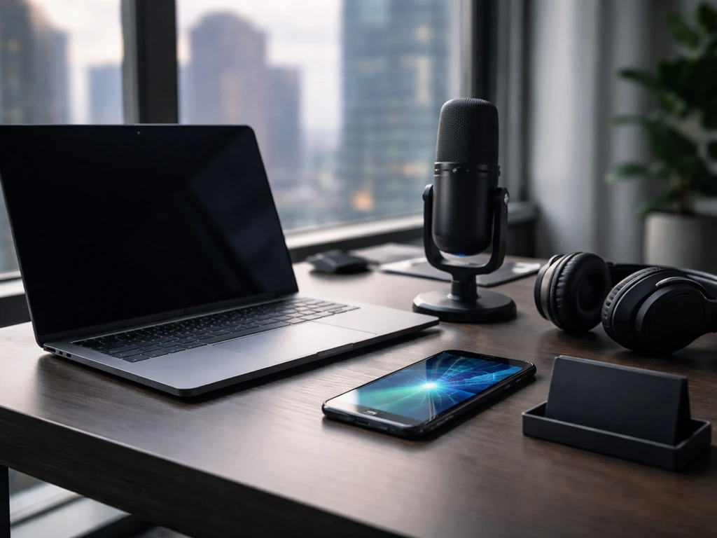Anonymous fintech office desk with laptop and microphone, hinting at a CEO/podcast workspace.