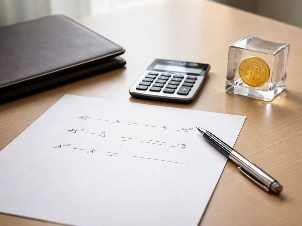 Close-up of a calculator beside a folder marked assets and liabilities, with a subtle equity token icon theme.