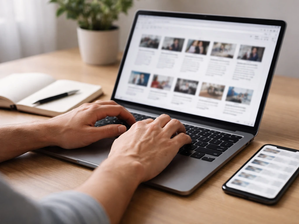 Hands at a laptop reviewing company news and sources to verify and update an estimate