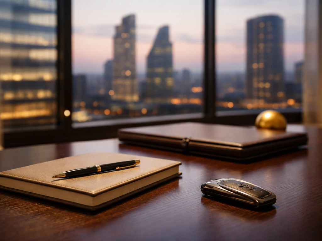 Luxury office desk with keys and portfolio, blurred city skyline at dusk, conveying high-end wealth context.