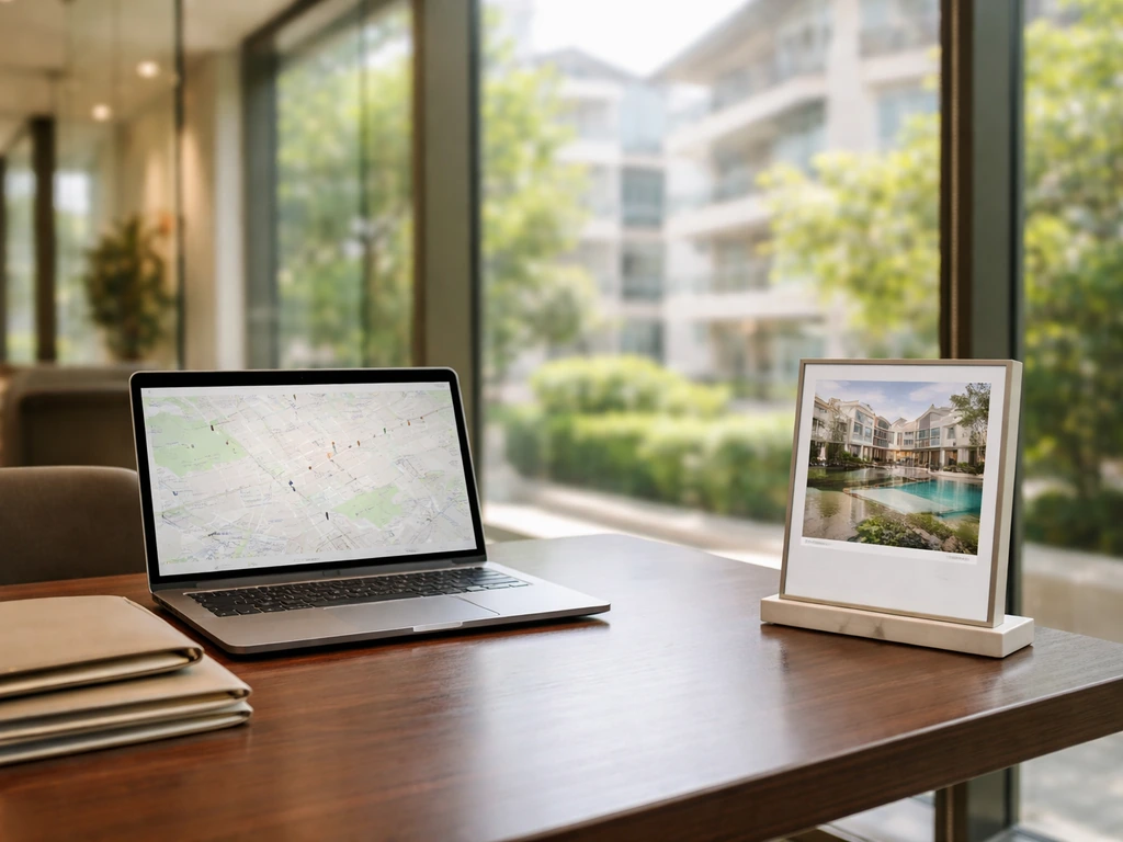 Elegant luxury real-estate office scene with property signage and a laptop showing a map view