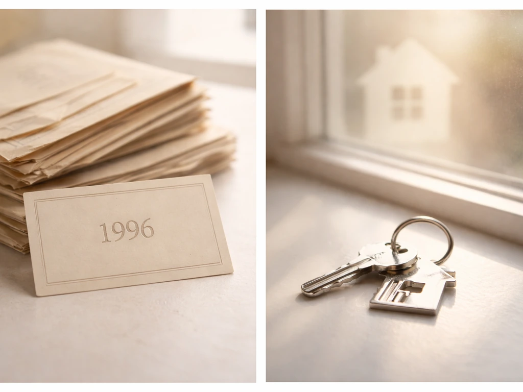 Split-panel photo with a blank date card on documents and house keys beside a window house silhouette.