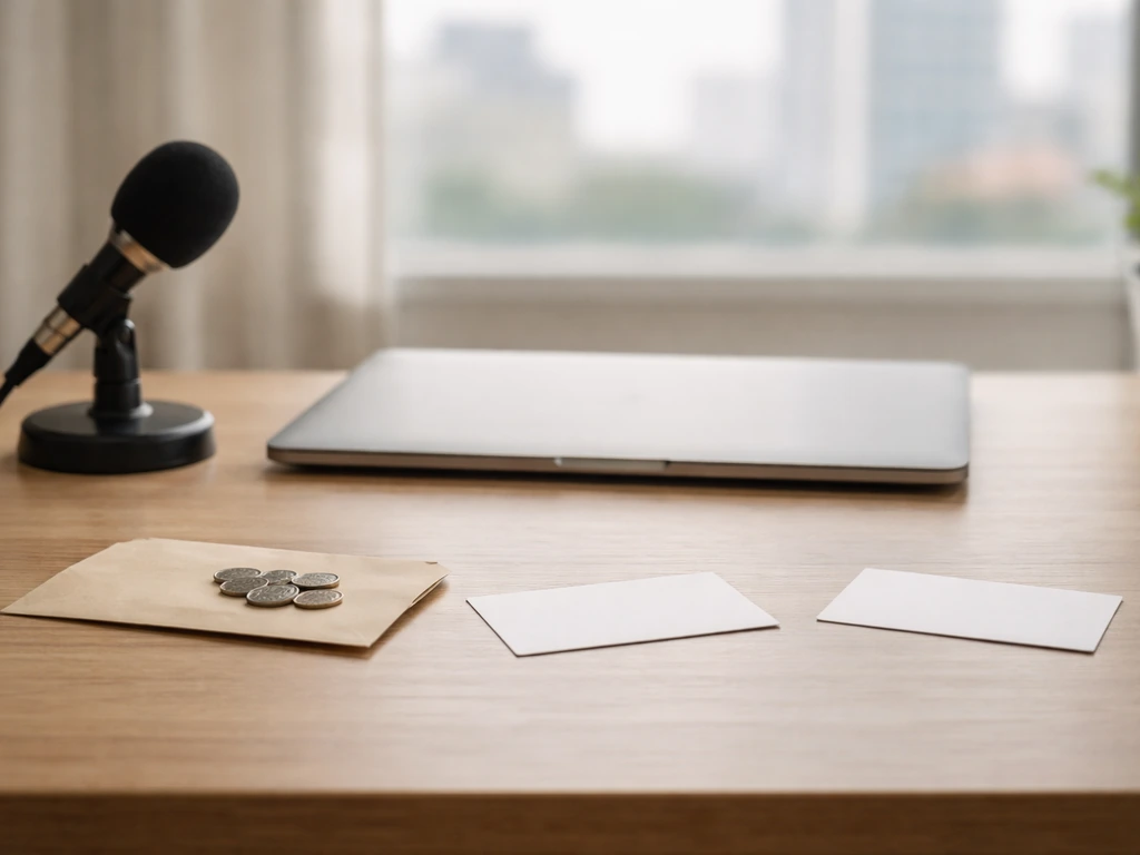 Minimal office scene showing a laptop, cash envelope, and two shadowy name-card placeholders for identity verification.