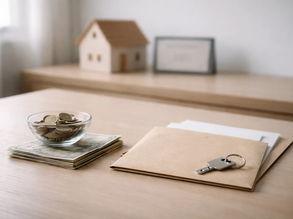 Minimal desk scene with coins and notes beside envelope and documents suggesting assets vs liabilities.