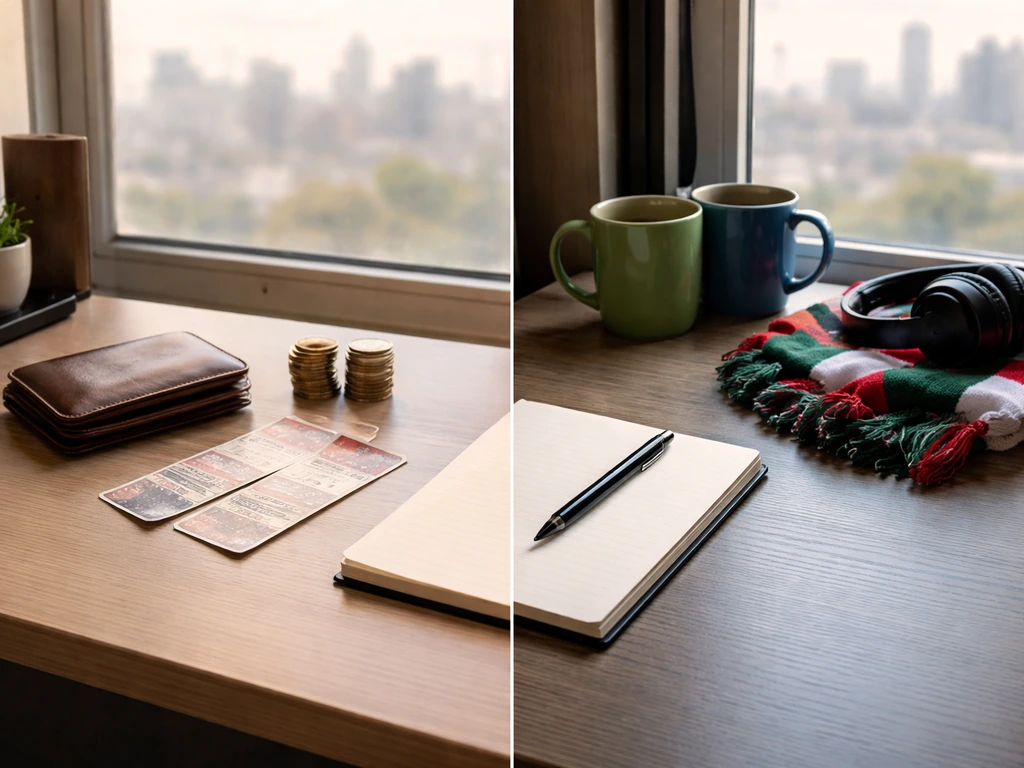 Minimal office desk with coins, wallet, football scarf, and headphones suggesting phased career earnings.
