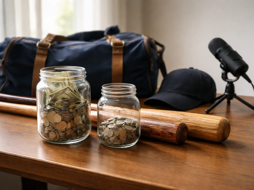 Objects symbolizing MLB vs minor league earning phases: bats, coin jars, desk microphone, baseball cap.