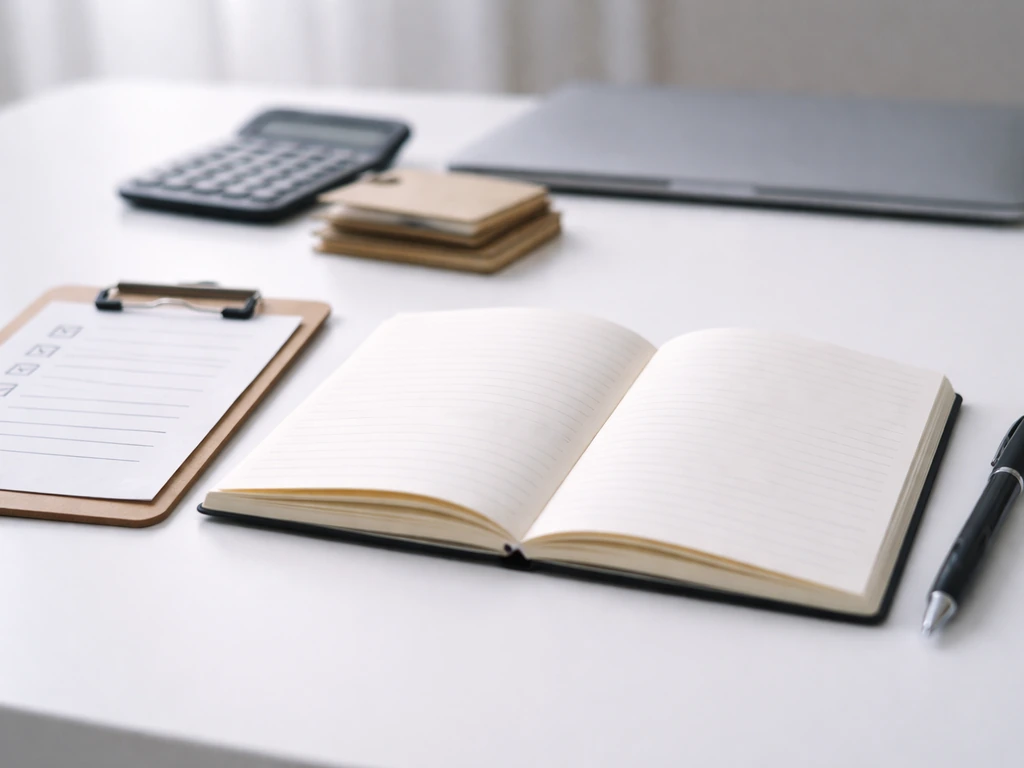 Minimal desk scene with open notebook and blank checklist page beside pen and calculator, symbolizing verification.