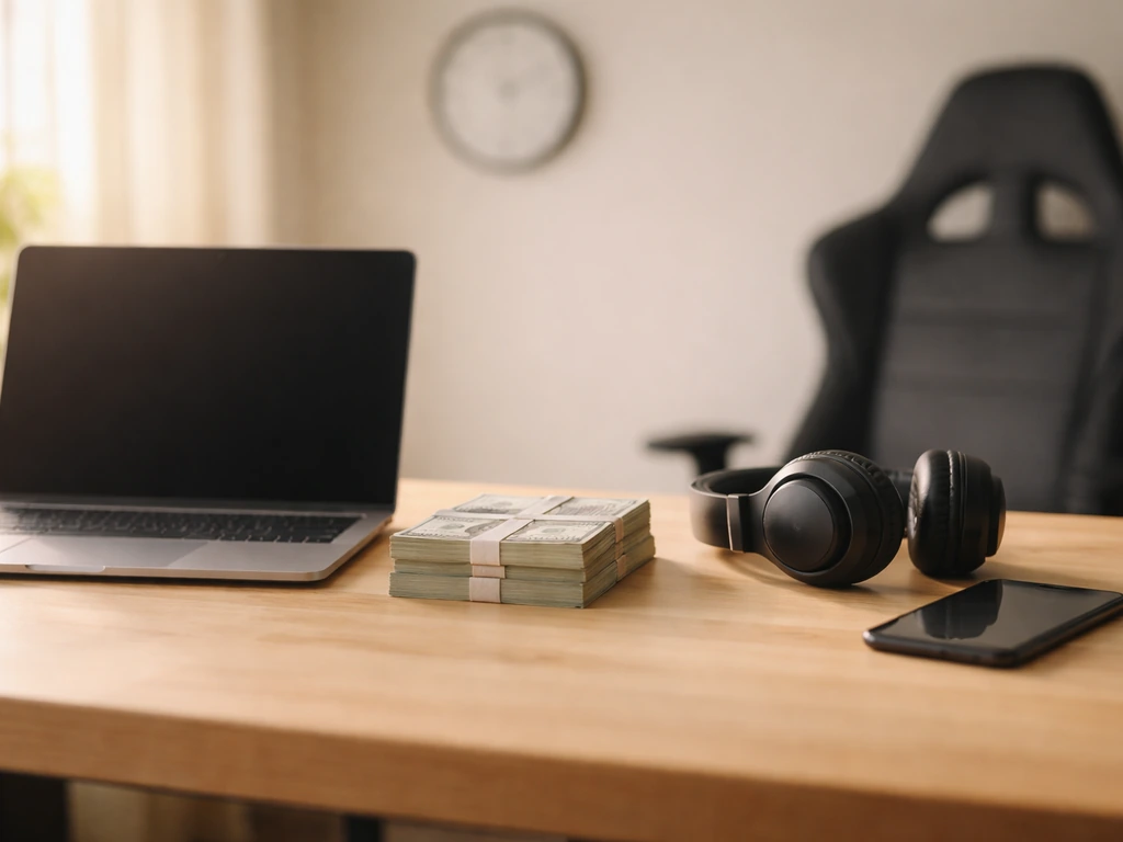 Minimal desk scene with laptop, cash, headphones, and a sense of time-based upward career earnings.