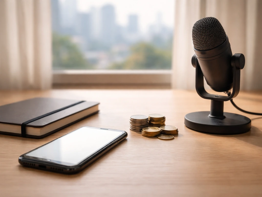 Minimal desk photo with coins, microphone, and smartphone implying multiple income sources.