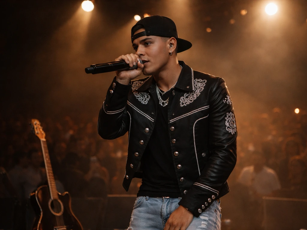 Corridos tumbados singer performing onstage into a handheld microphone under warm spotlights.