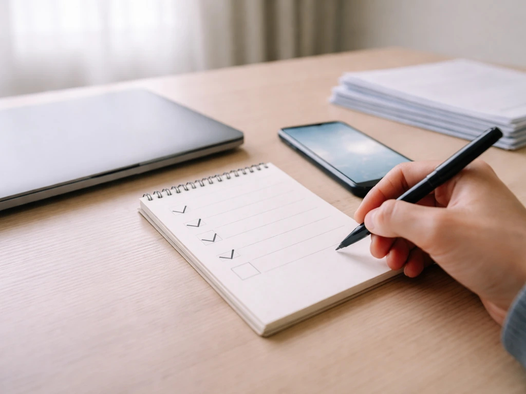 Minimal desk scene with checklist-style items and a smartphone showing an earnings dashboard-like glow